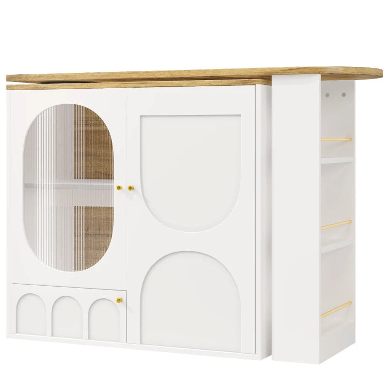 360° Rotating Bar Table with Storage Shelves & Metal Handles - Multi-Functional Dining Table & Sideboard, White, 204L x 39W x 105H cm