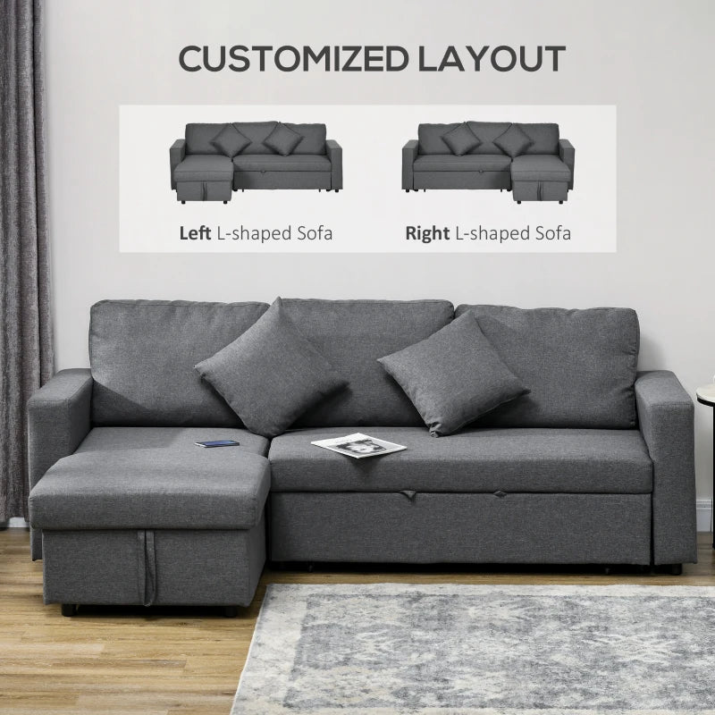 Stylish Dark Grey Corner Sofa Bed with Storage, 3-Seater Pull-Out Design, Reversible Chaise for Living Room