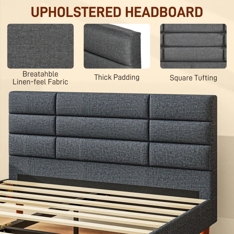 Stylish Grey Upholstered Double Bed Frame with Slats 136cm Wide 196cm Long 87cm High