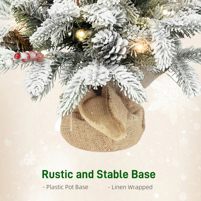 60 cm Prelit Small Christmas Tree - 35 LED Lights, Snow Flocked Mini Xmas Tree with Pine Cones & Berry Clusters