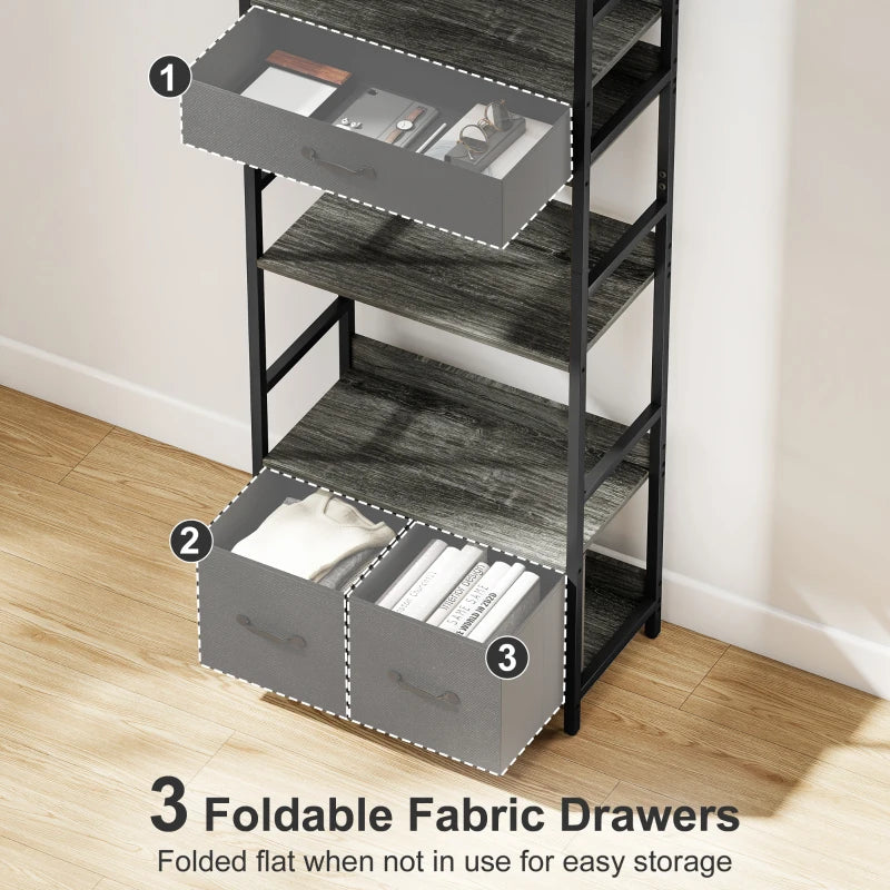 Industrial Style Bookcase with 4 Shelves & 3 Fabric Drawers - Modern Grey/Black Storage Solution for Home or Office