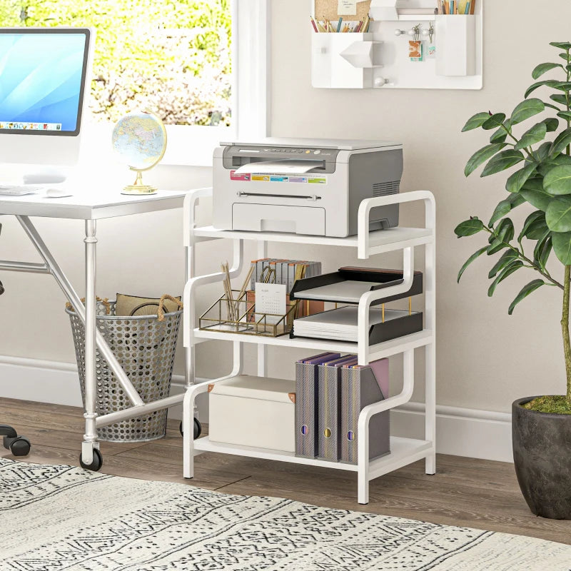 3-Tier Printer Stand with Storage Shelves - White Printer Table for Home Office & Study, 55x40x77cm