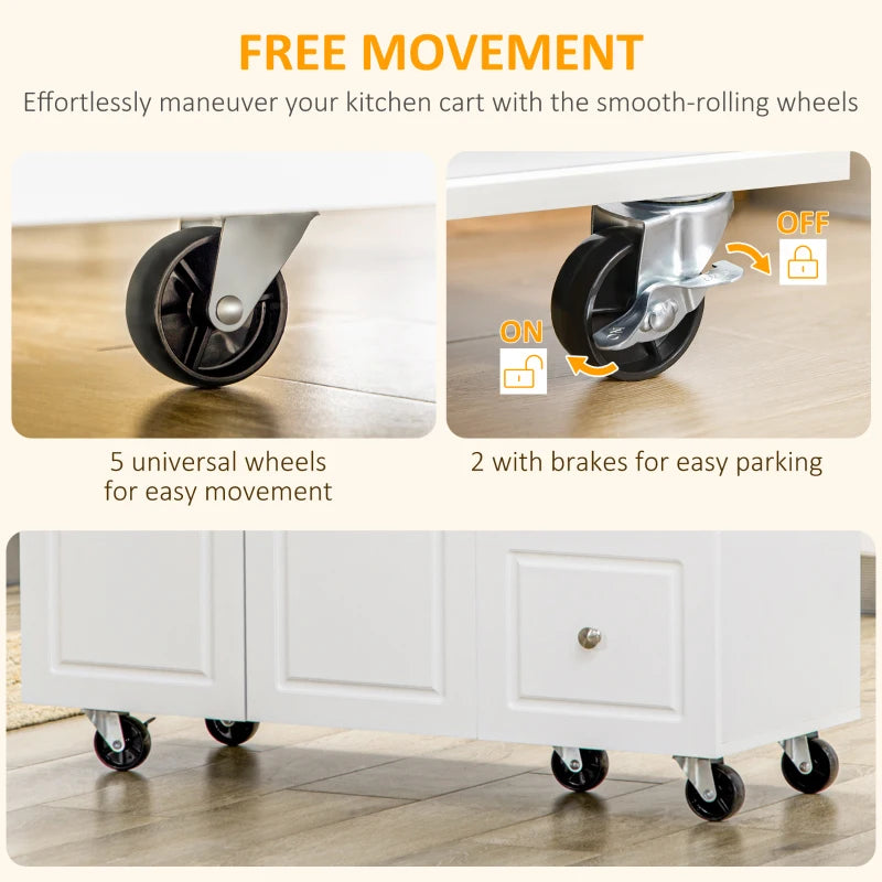Drop-Leaf Kitchen Island on Wheels - Extendable Rubber Wood Worktop, Rolling Storage Trolley with Drawers & Cabinet, White