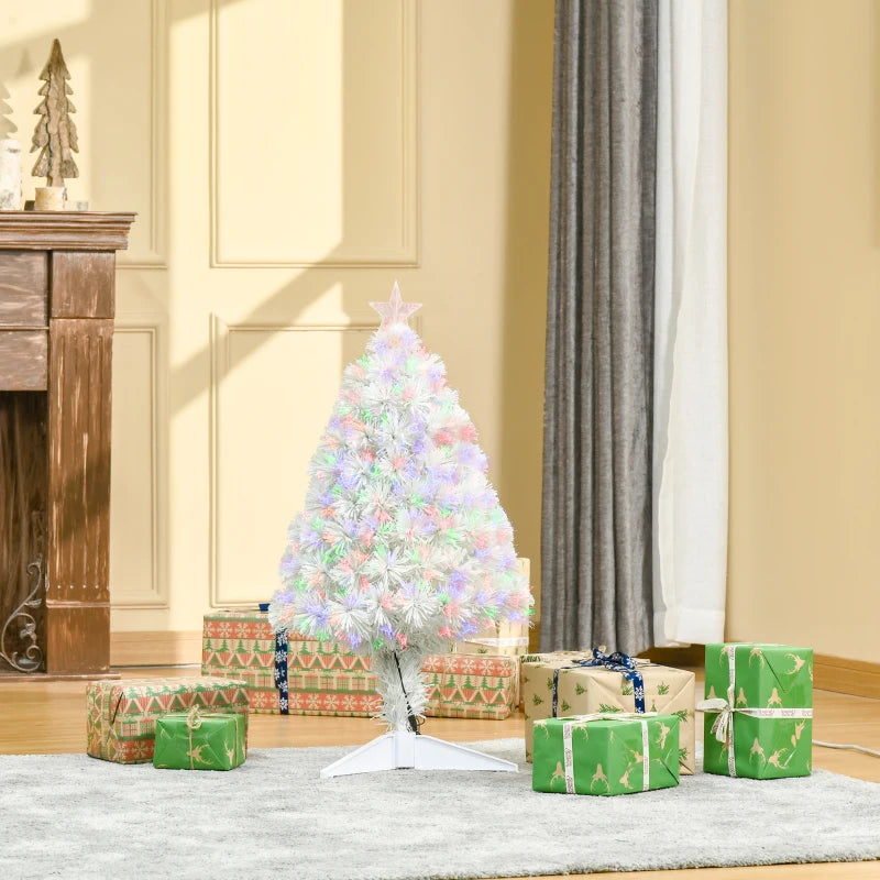 2.5FT Prelit White Artificial Tabletop Christmas Tree with Fiber Optics - Festive Holiday Decoration for Home, Table & Desk