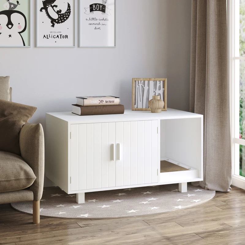 Wooden Cat Litter Box Enclosure with Nightstand Design, Scratching Post & Magnetic Doors - Stylish White Cat House