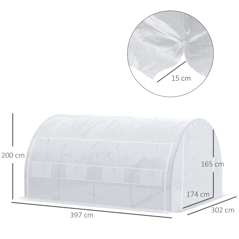 Green Walk-in Polytunnel Greenhouse with Roll-up Side Walls, Steel Frame, Zipped Door - White