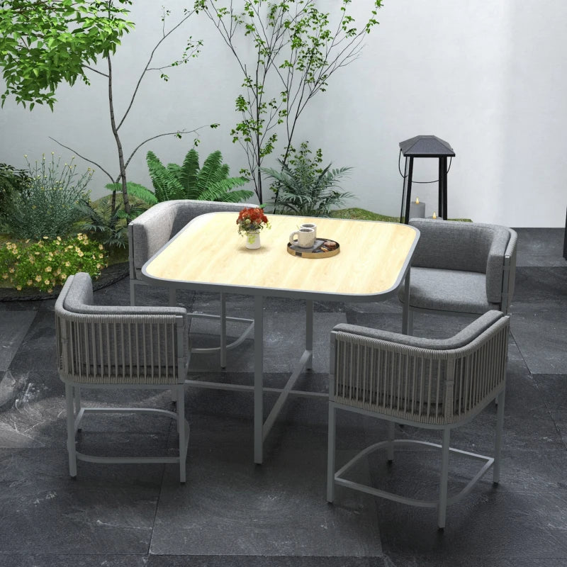 5-Piece Grey Rattan Dining Set with Cushions and Stone Composite Board Top