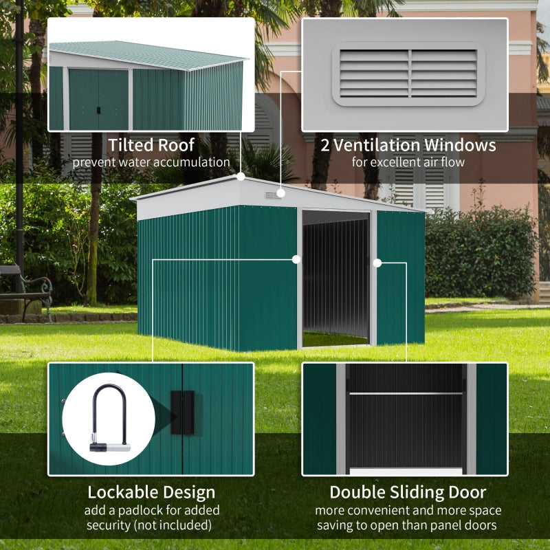 11.3ft x 9.2ft Green Garden Shed With Double Sliding Doors and 2 Air Vents