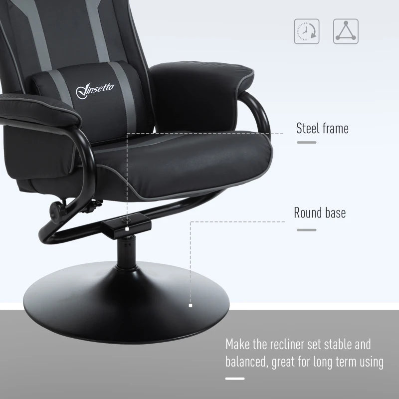 Vinsetto Grey Reclining Chair and Stool Set - Ergonomic Recliner with Headrest, Lumbar Support, Pedestal Base for Home Office