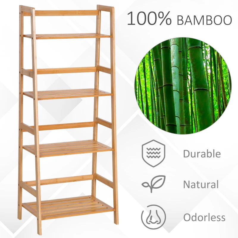 Bamboo Ladder Shelf - 4-Tier Freestanding Bookcase for Living Room, Study & Home Office - Natural Wood Effect, 48x31.5x120cm