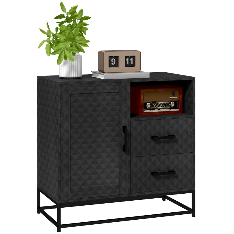 Modern Black Sideboard Storage Cabinet with Adjustable Shelf, Open Compartment & 2 Drawers - Stylish Freestanding Furniture
