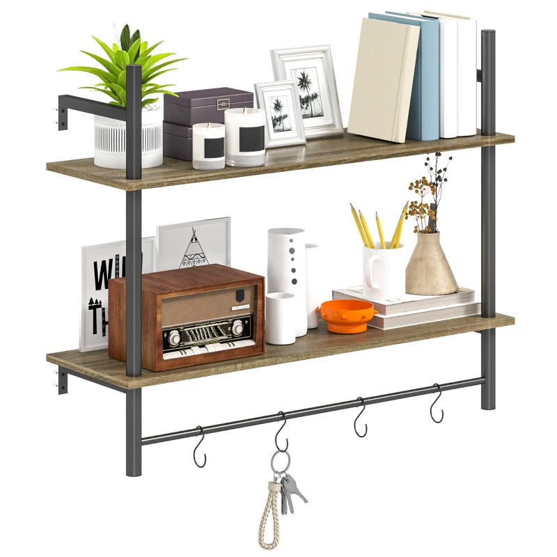 Rustic Wall Mounted Floating Shelves with 4 Hooks - Stylish Grey Shelf Unit for Living Room & Entryway Decor