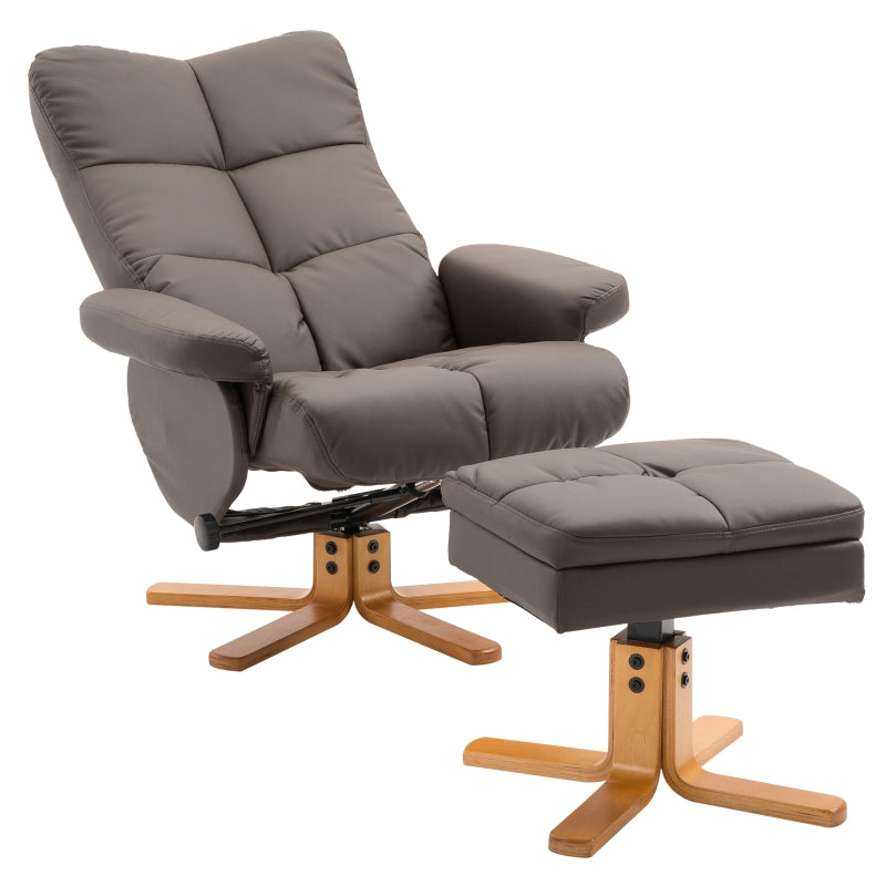 Swivel Reclining Armchair with Ottoman, Faux Leather Chair with Wooden Base and Storage Footstool for Living Room, Brown
