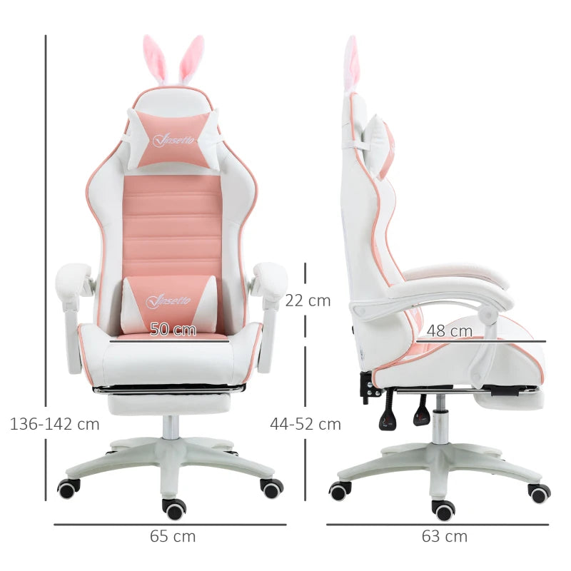Vinsetto Pink Racing Gaming Chair - Reclining PU Leather, Removable Rabbit Ears, Footrest, Headrest & Lumbar Support