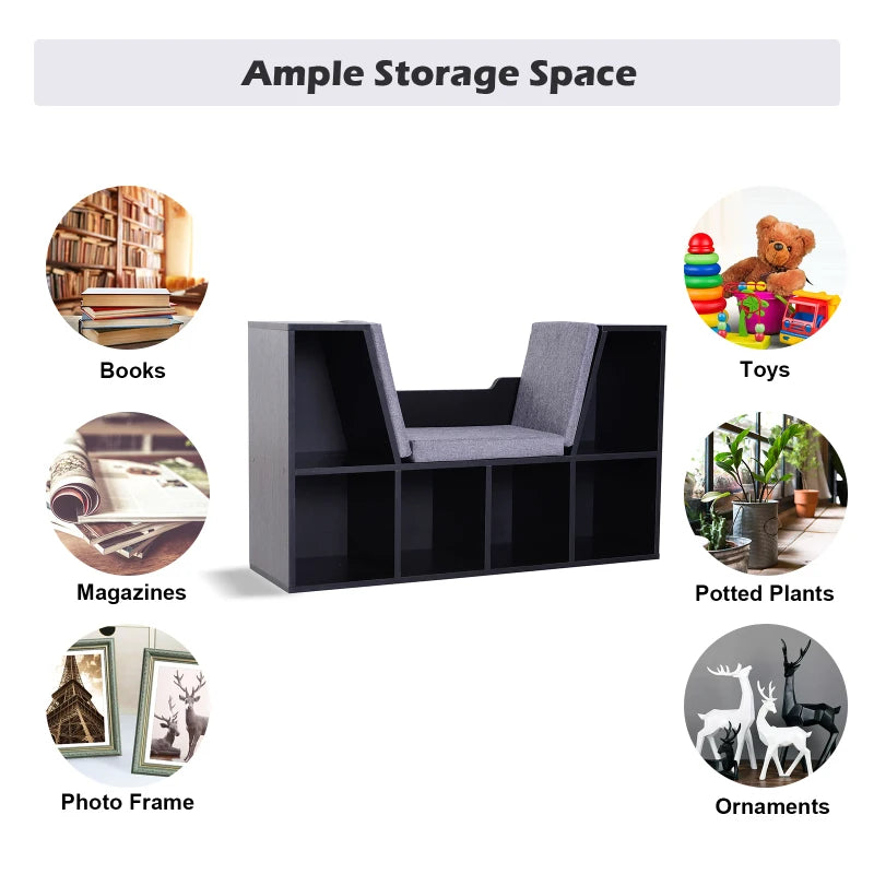Stylish Black Bookcase Storage Shelf with Cushioned Reading Seat - Cube Bookshelf Organizer for Bedroom & Living Room