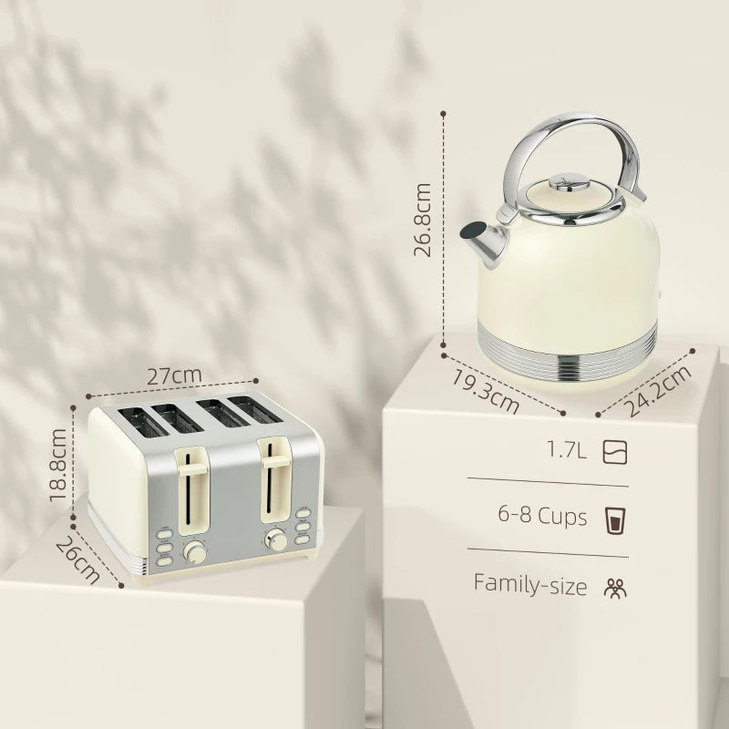 Polished Stainless Steel Cream Kettle and Toaster Set - Stylish Kitchen Appliances for Modern Homes