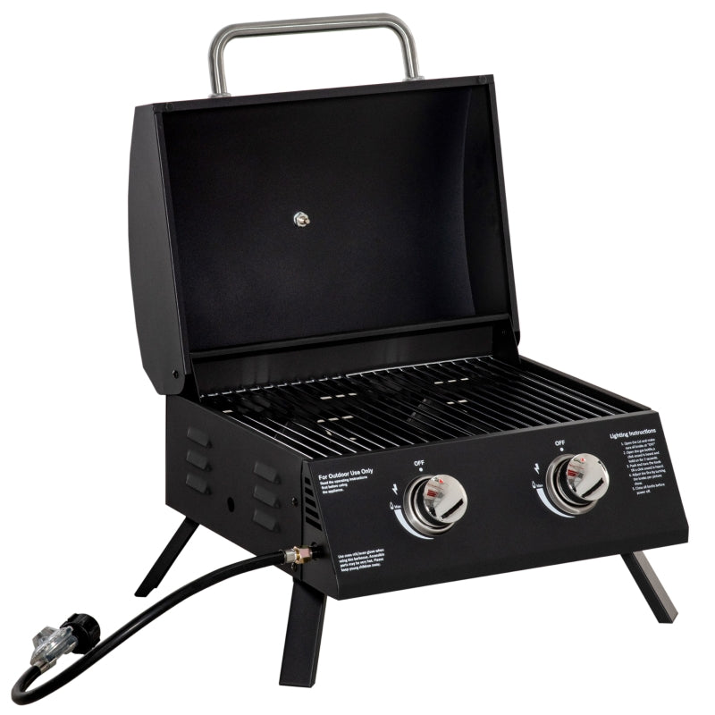 Portable Black 2-Burner Gas BBQ Grill with Lid and Thermometer