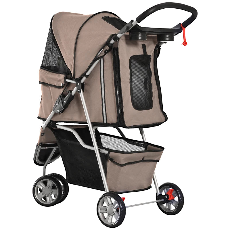 3 Wheel Pet Stroller for Small & Miniature Dogs - Brown Lightweight Dog Carrier with Canopy & Storage