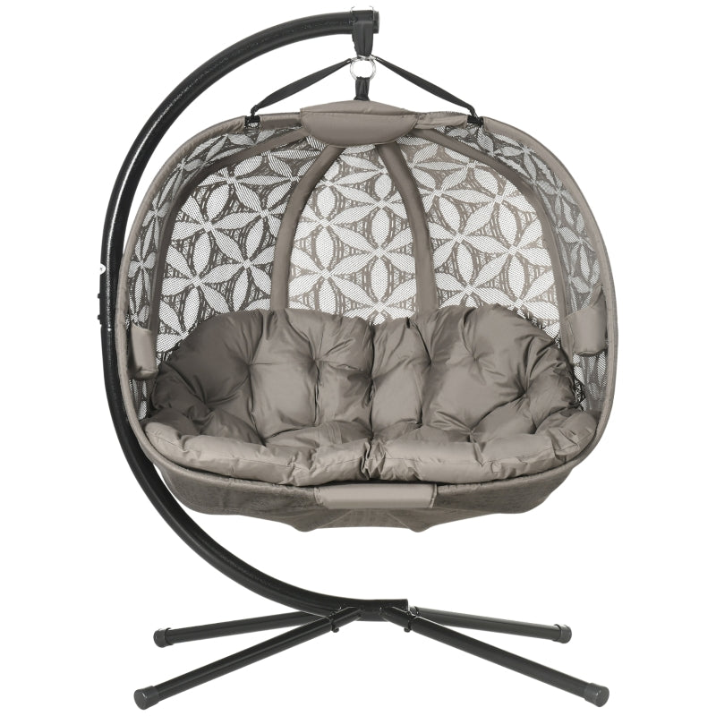 Sand Brown Double Hanging Swing Chair with Metal Stand and Padded Cushion