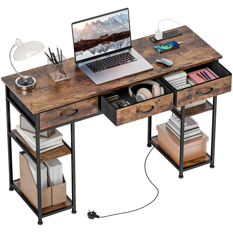 Rustic 120cm Computer Desk with Power Outlets, Fabric Drawers & Storage Shelves - Stylish Office Study Table in Brown