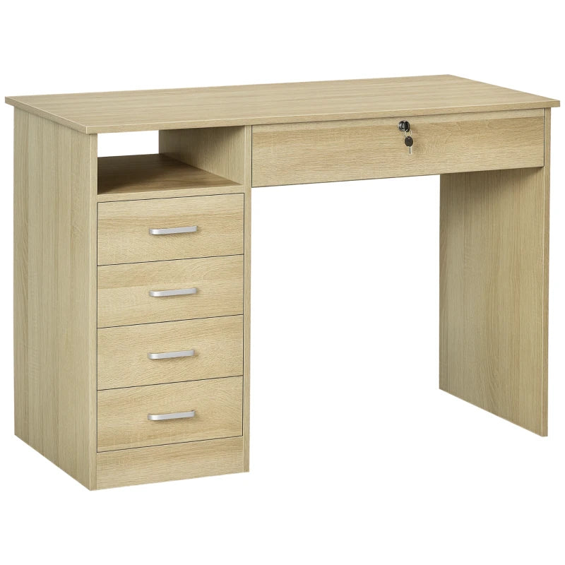 Stylish Oak Computer Desk with Lockable Drawer & Storage Shelf - Home Office & Study Furniture, 110x50x76 cm