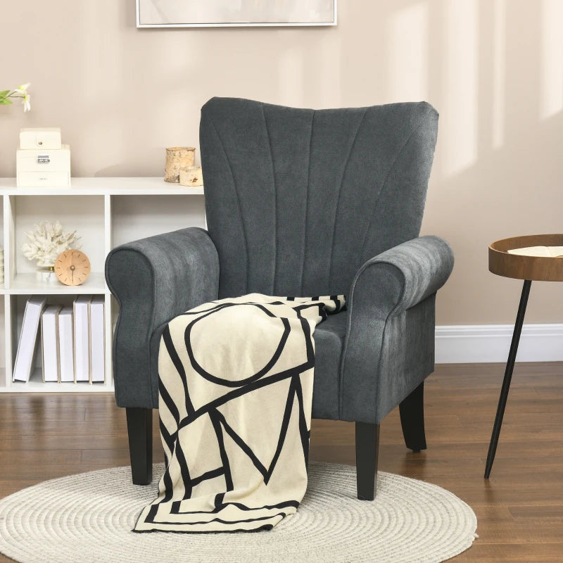 Stylish Upholstered Accent Chair with Rolled Arms and Wooden Legs for Living Room or Bedroom in Grey
