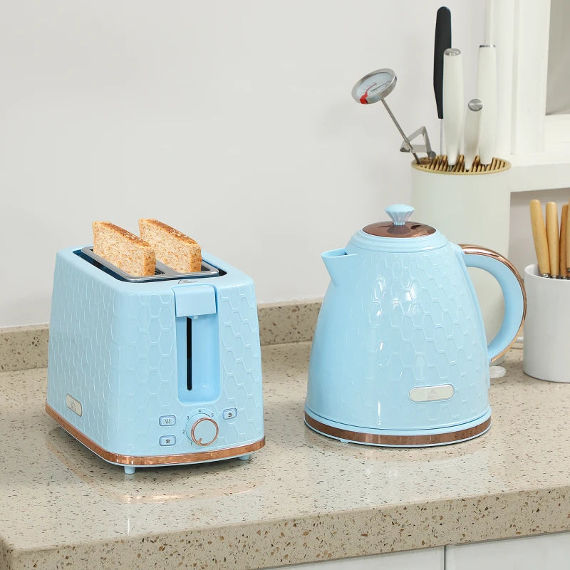 Light Blue 1.7L Fast Boil Kettle & 2 Slice Toaster Set - 3000W, Auto Shut Off, Browning Controls