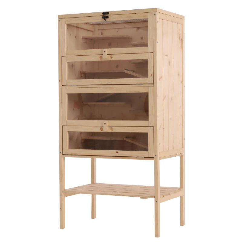 Large Wooden Hamster Cage with 4 Layers, Tall Bottom & Storage Shelf - Ideal Gerbil Habitat for Active Pets