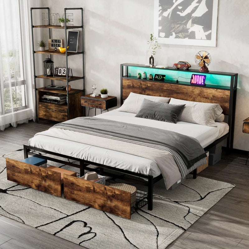 Metal Double Bed with LED Light Strip, 4 Drawers & 3 USB Ports - Black & Dark Walnut, 207.5x135x105 cm