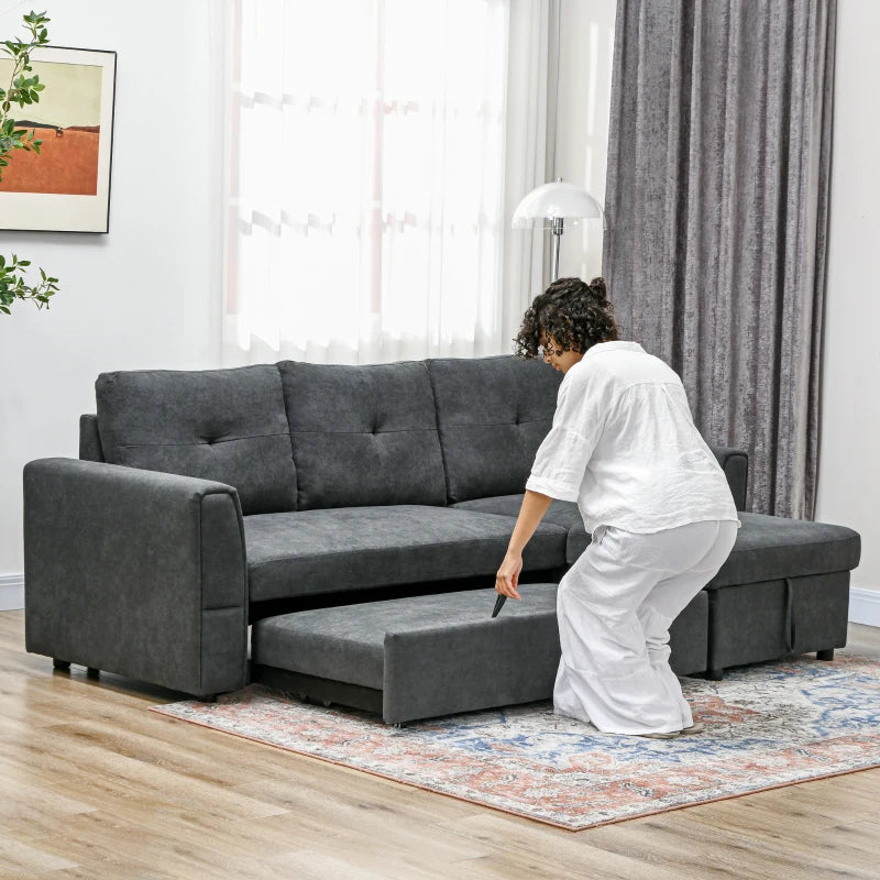 L-Shaped 3-Seater Sofa Bed with Storage – Convertible Click Clack Futon for Living Room, Dark Grey