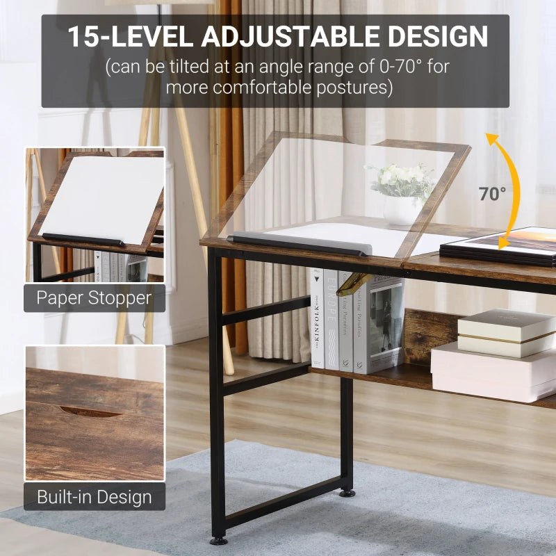 Adjustable Drafting Table Art Desk - Multifunctional Craft Workstation with 15-Level Tiltable Top & Storage Shelf - Rustic Brown