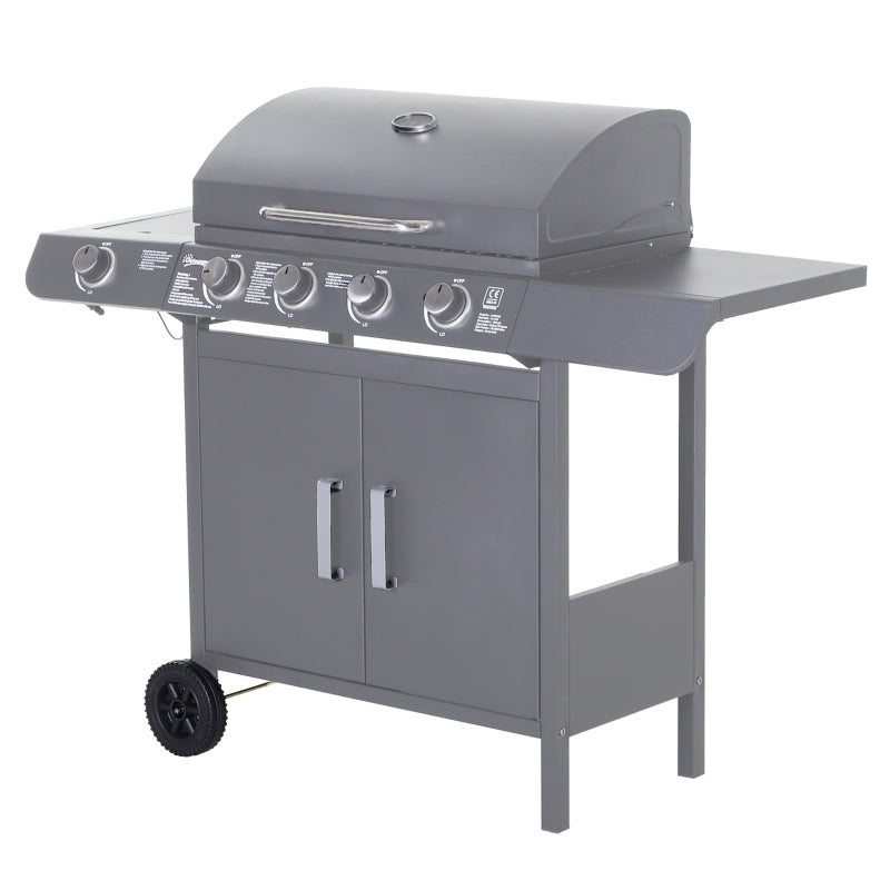 4+1 Burner Gas BBQ Grill - Grey Outdoor Barbecue Trolley with Wheels, Warming Rack, Side Shelves, Cabinet, Thermometer - 125cm x 51cm x 100cm for Garden, Party, Camping