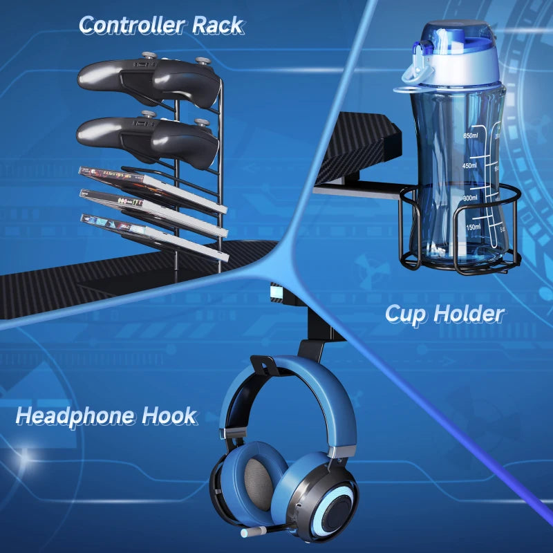 RGB Gaming Desk 120x66cm - Carbon Fibre Surface, Headphone Hook, Cup Holder & Controller Rack - Black Home Office Table