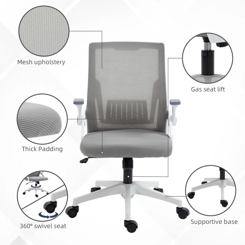 Vinsetto Grey Mesh Office Chair with Lumbar Support, Adjustable Height, Flip-up Armrests & Swivel Wheels - Ergonomic Desk Chair