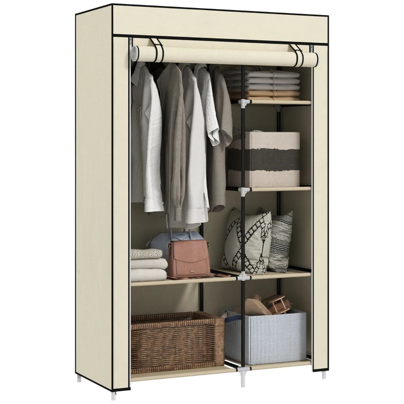 Portable Fabric Wardrobe with 6 Shelves and Hanging Rail Cream White 103x43x162.5 cm