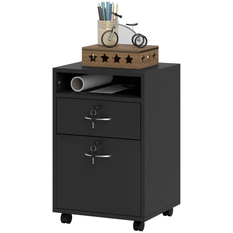 60cm Mobile Filing Cabinet with Drawer & Open Shelf, 4 Wheels, Metal Handles, 2 Locks - Black Office Organizer