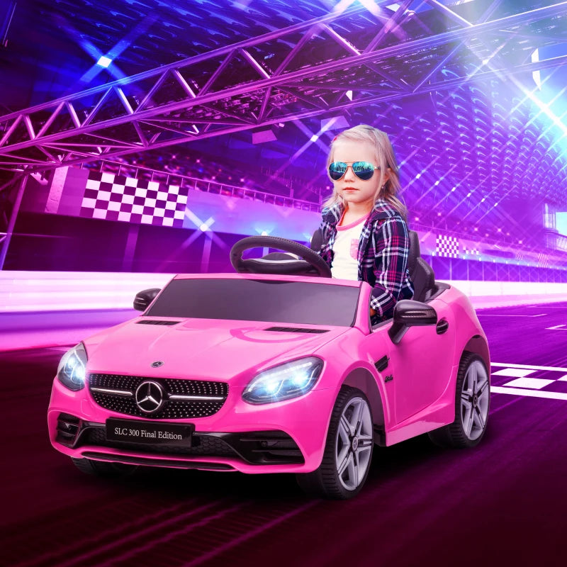 Benz SLC 300 Licensed 12V Kids Electric Ride On Car - Pink, Music, Remote Control, LED Headlights & Horn