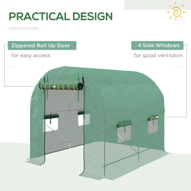 Green Walk-In Garden Greenhouse with Steel Frame, PE Cover, Roll-Up Door, 4 Windows - 2.5 x 2m