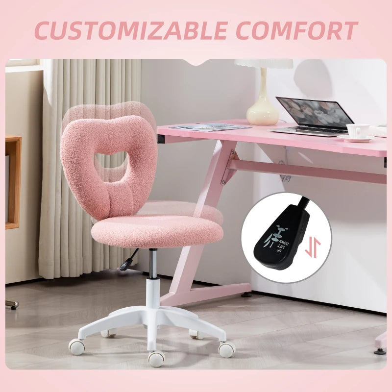 Pink Armless Heart Computer Desk Chair - Teddy Fleece Swivel Office & Makeup Vanity Chair, Height Adjustable with Wheels for Home Study