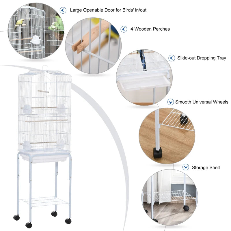 Premium Bird Cage for Budgies, Finches & Parakeets with Stand, Wheels, Slide-out Tray & Storage Shelf - White 46.5x36x157 cm