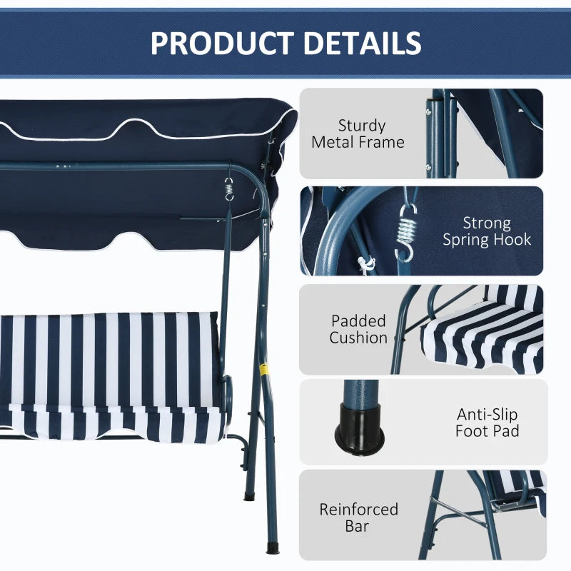 Blue Striped 3-Seater Outdoor Swing Bench with Adjustable Canopy