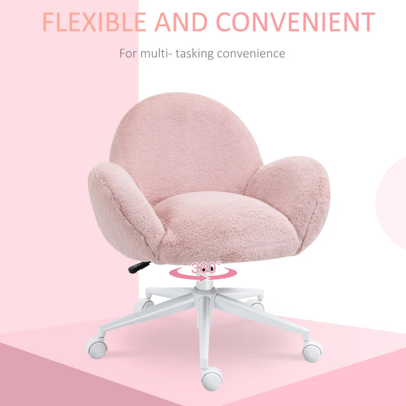 Cute Pink Makeup Vanity Chair with Fluffy Cushion & Rolling Wheels - Stylish Desk Chair for Bedroom & Living Room