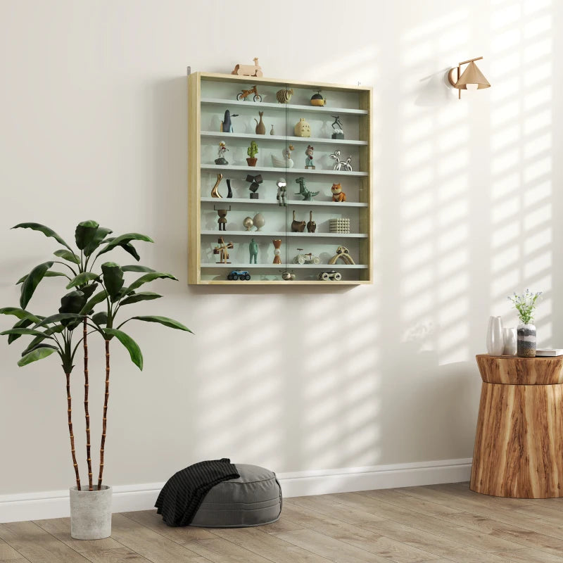 7-Tier Oak Wall Display Shelf Unit with Glass Doors & 6 Adjustable Shelves for Home Office Ornaments - 83x80cm
