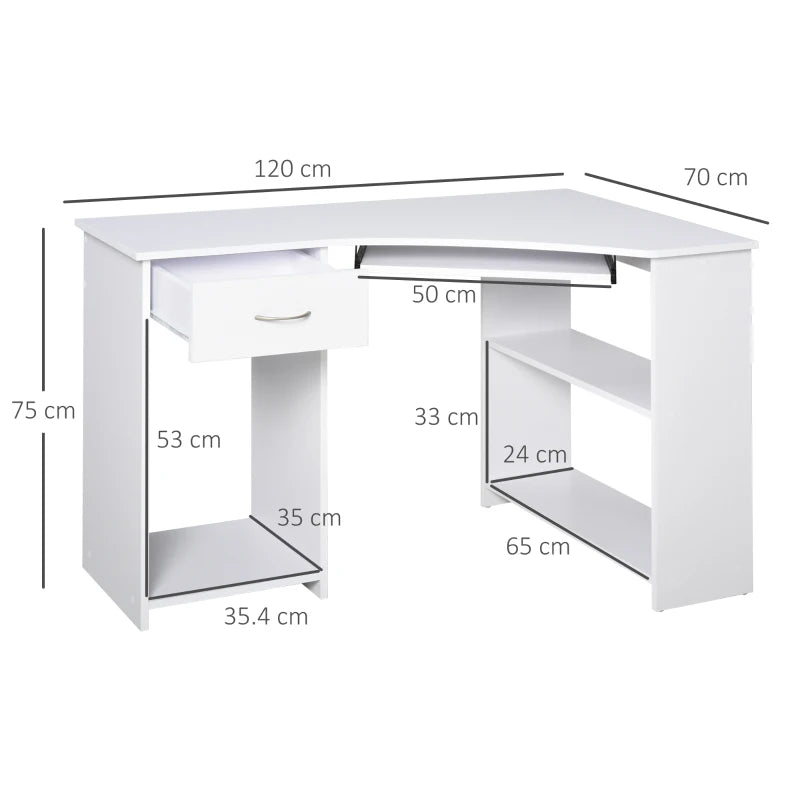 L-Shaped Corner Computer Desk with 2 Shelves, Keyboard Tray, Drawer & CPU Stand - White Home Office Furniture