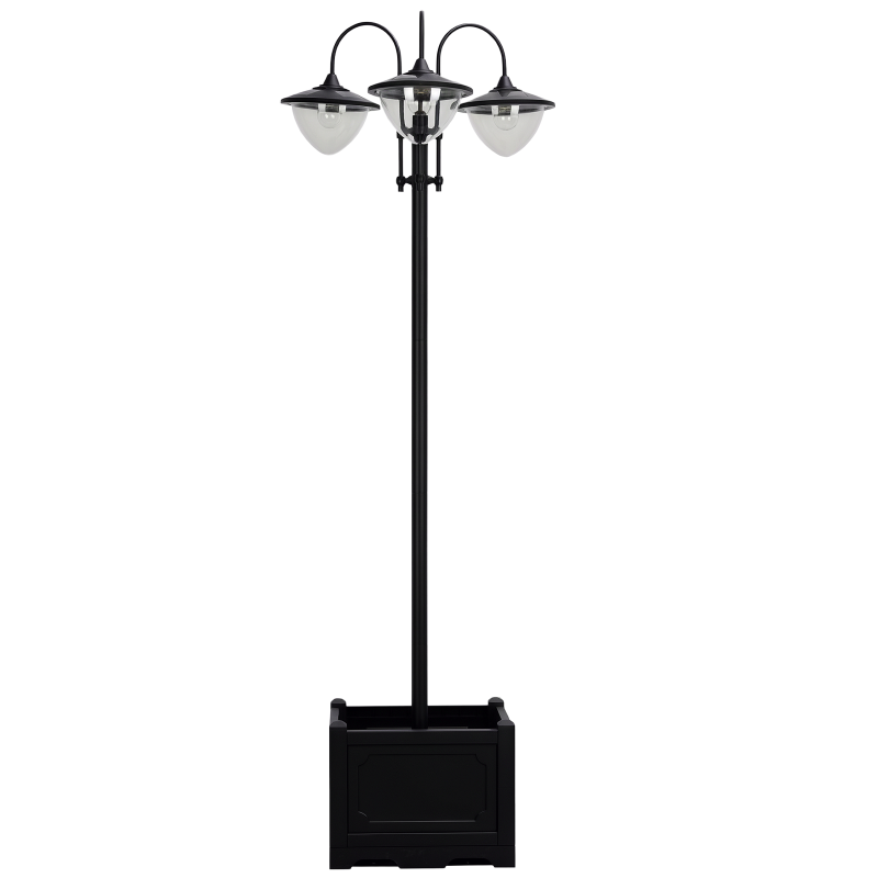 189cm 3-Head Solar Lamp Post with Planter Automatic On 6 Hour Max Outdoor LED Street Light Black
