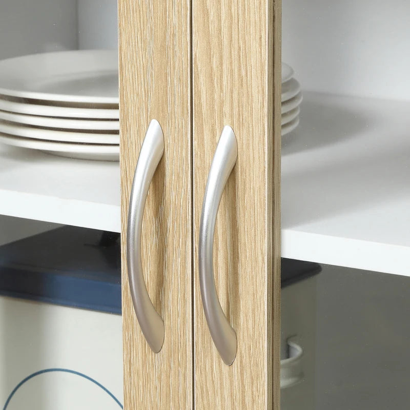 Modern Freestanding Kitchen Cupboard - 180cm Storage Cabinet Hutch with Central Drawer & 2 Glass Door Cabinets