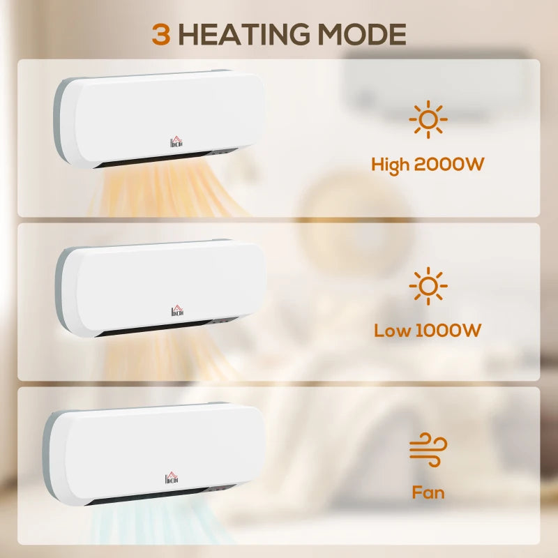 2000W Wall Mounted Ceramic Space Heater with Adjustable Temperature Range 10-49°C White