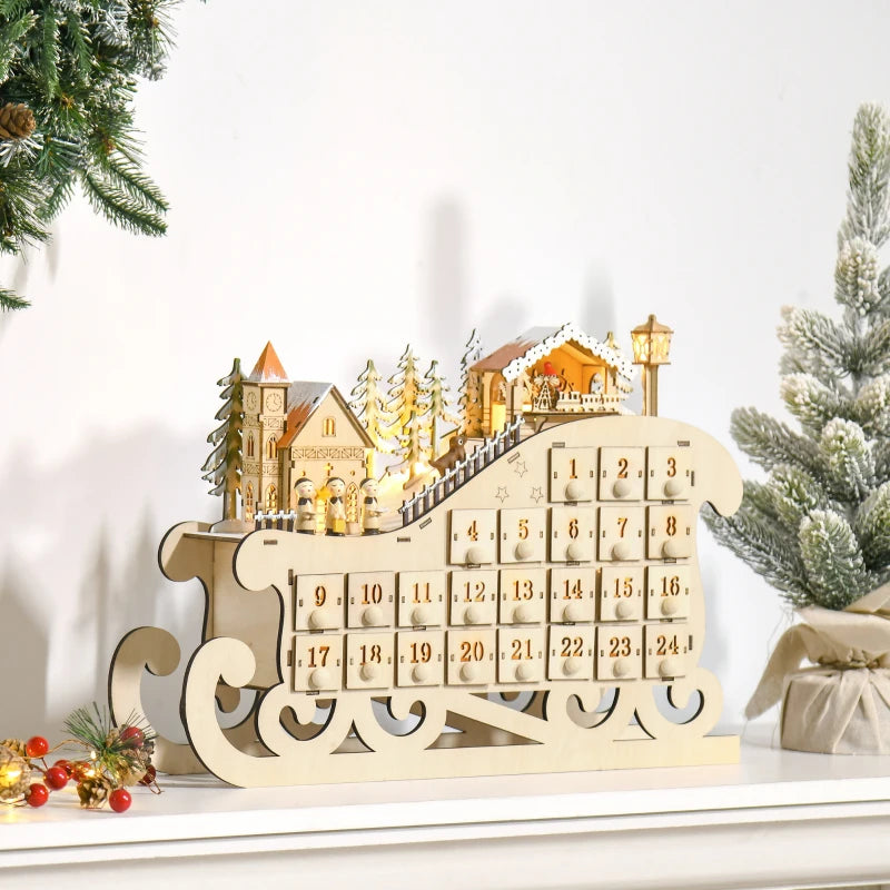 2021 Light Up Christmas Advent Calendar - Wooden Sleigh Holiday Decoration with Countdown Drawers for Kids & Adults - Natural Wood