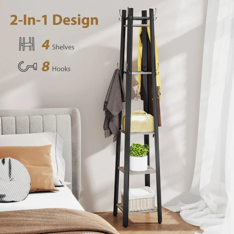 Industrial-Style Four Shelf Coat Stand - Modern Grey and Black Entryway Organizer for Coats, Hats, and Accessories