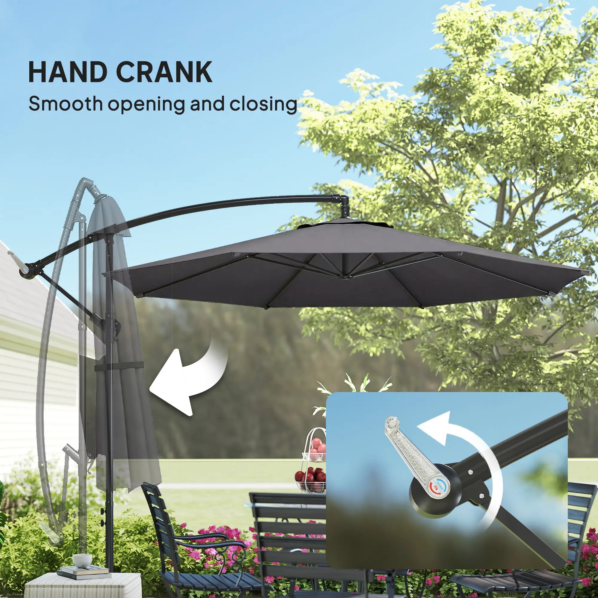 3m Overhang Cantilever Garden Parasol with Steel Frame, 8-Rib Support & Cross Base – Easy Crank Shade Umbrella (Grey)